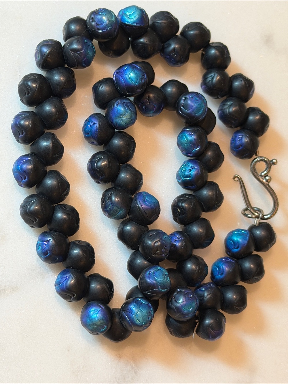 Handcrafted Czech Glass Black and Iridescent Blue & Purple Bead Necklace